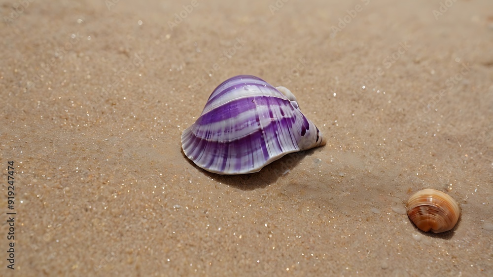 Unique purple seashells by the sea, sea shells view on sands of beach, seaside shores Unique purple seashells by the sea, sea shells view on sands of beach, seaside shores
