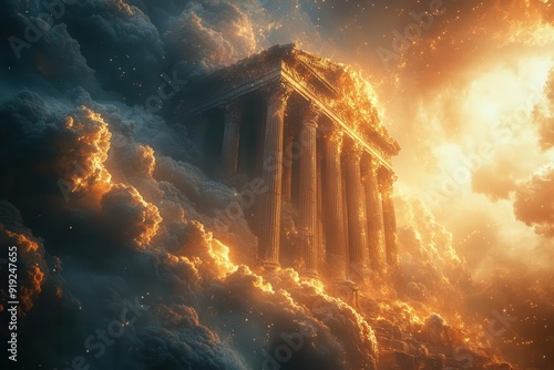 mythical olympus scene diverse god pantheon swirling clouds golden architecture divine auras epic scale ethereal lighting celestial details photo