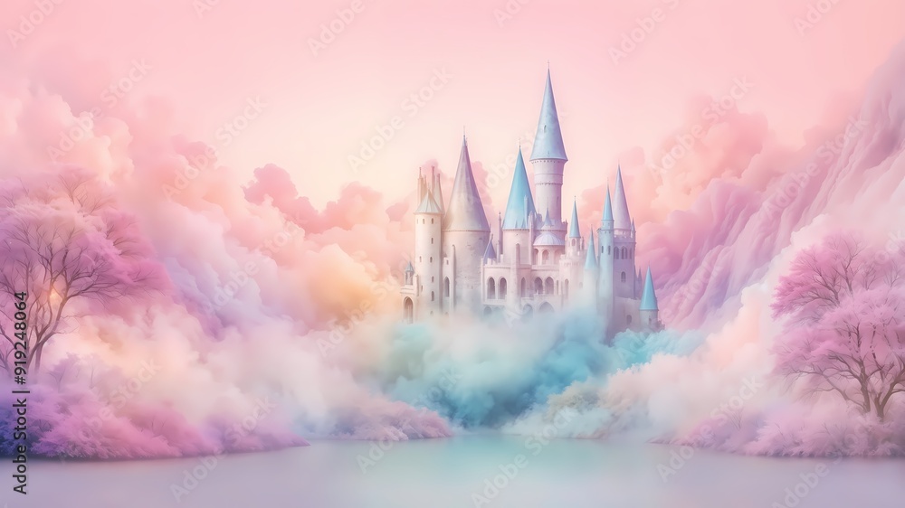 Enchanting Fairytale Castle Surrounded By Misty Pink Clouds at Dusk Enchanting Fairytale Castle Surrounded By Misty Pink Clouds at Dusk