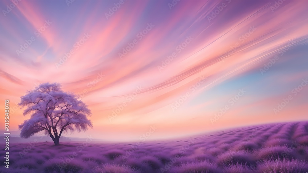 Majestic Lavender Field at Dawn With a Single Tree Under Colorful Skies Majestic Lavender Field at Dawn With a Single Tree Under Colorful Skies