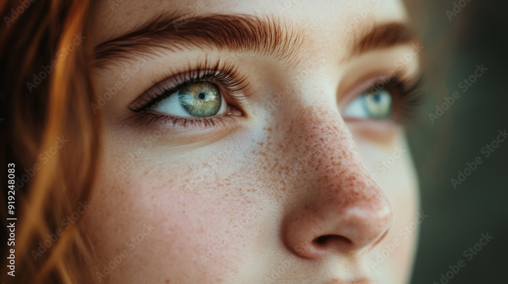 A woman with green eyes and a red head