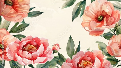 A watercolor illustration of pink peonies with green leaves arranged in a delicate frame on a soft white background