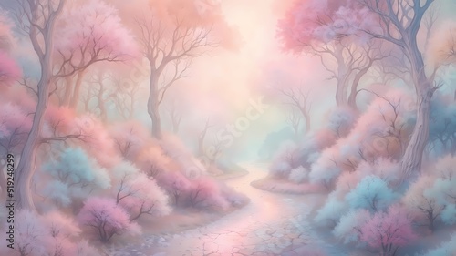 Ethereal Forest Path Under Soft Morning Light Surrounded by Colorful Blossoms