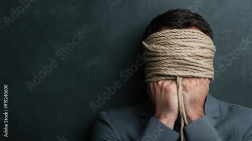 A person is depicted bound and blindfolded with thick rope against a wall, evoking themes of captivity, loss of freedom, and distress with a strong visual impact. photo