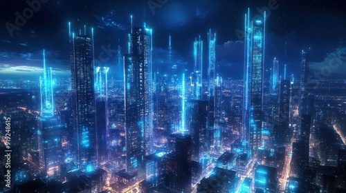 Futuristic Cityscape with Glowing Towers and Night Sky