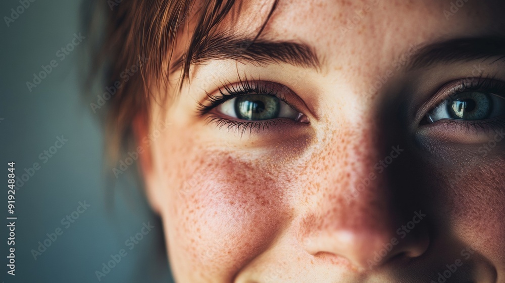 A woman with green eyes and red hair is smiling A woman with green eyes and red hair is smiling