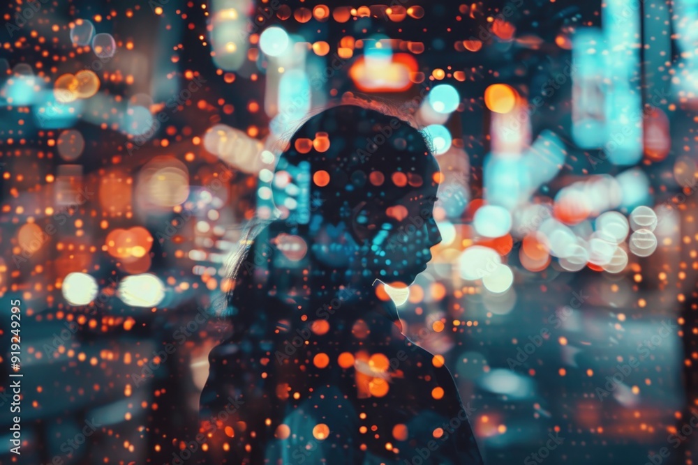 A person standing alone in the rain, illuminated by streetlights in a bustling city A person standing alone in the rain, illuminated by streetlights in a bustling city