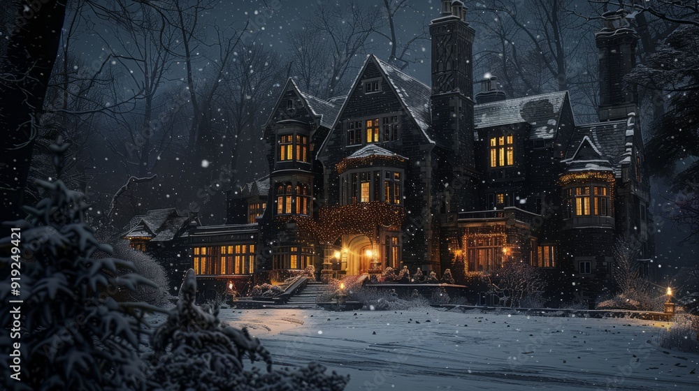 Snow-covered mansion illuminated at night surrounded by trees in a wintry landscape Snow-covered mansion illuminated at night surrounded by trees in a wintry landscape