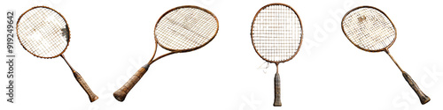 Vintage badminton racket isolated on a transparent background - Featuring a classic wooden badminton racket with a worn handle and netting - Clean and detailed composition with soft, even lighting - S photo