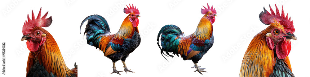 Rooster isolated on a transparent background - Featuring its colorful feathers, distinct comb, and vibrant plumage - Clean and detailed composition with soft, even lighting - Studio photography highli Rooster isolated on a transparent background - Featuring its colorful feathers, distinct comb, and vibrant plumage - Clean and detailed composition with soft, even lighting - Studio photography highli