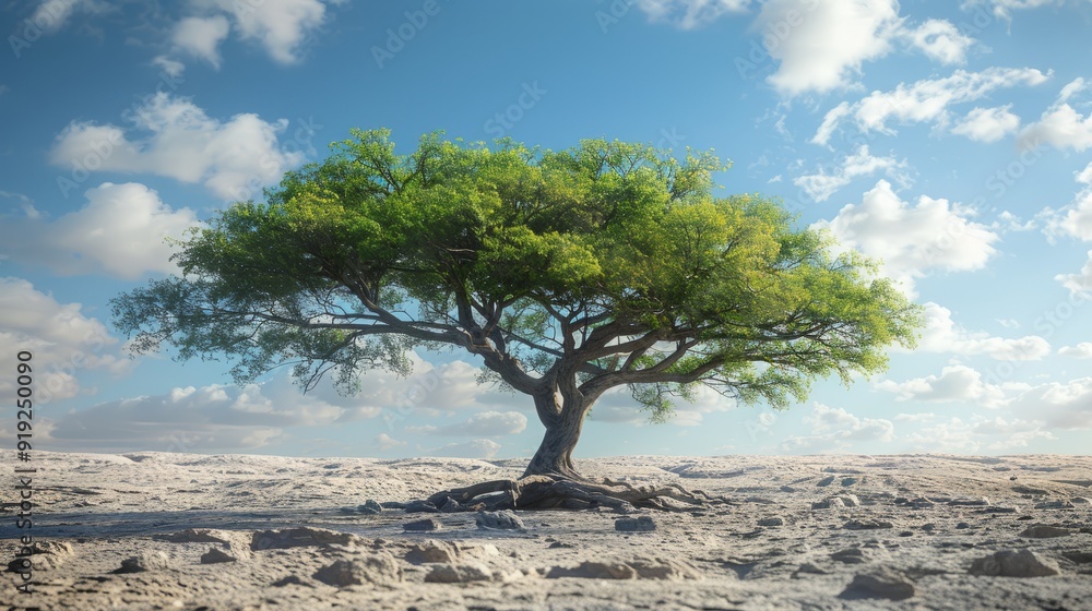 Fototapeta premium Lush green tree standing alone on a sandy landscape under a bright blue sky