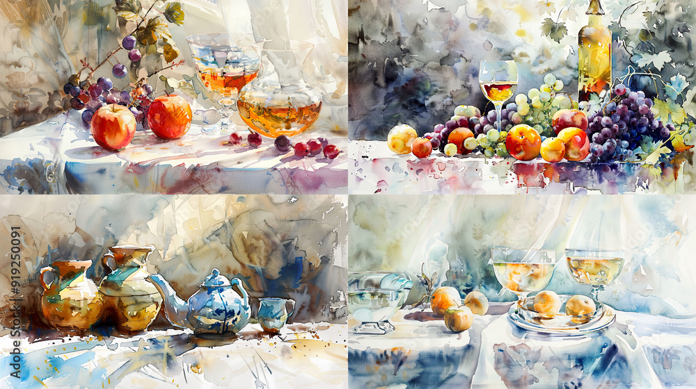Watercolor wet-on-dry, elegant still life art with smooth color transitions and delicate brushstrokes, capturing the intricacies of object compositions Watercolor wet-on-dry, elegant still life art with smooth color transitions and delicate brushstrokes, capturing the intricacies of object compositions