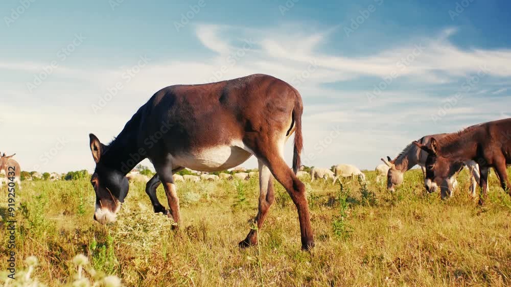 Donkey grazing peacefully in a green field. Donkey grazing peacefully in a green field.