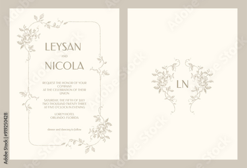 Wedding invitation card template. Roses frame and monogram frame.