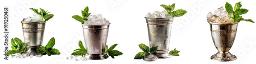 Mint julep cocktail - Refreshing mint julep cocktail served in a silver cup with fresh mint leaves and crushed ice isolated on a transparent background - Crisp and elegant, showcasing the classic Sout