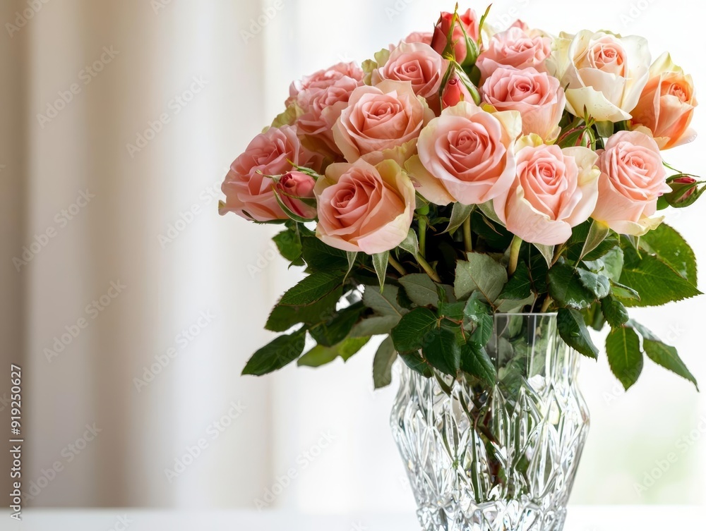 Obraz premium A detailed image of a bouquet of roses in a crystal vase, with droplets of water on the petals and the soft light of a nearby window illuminating the scene