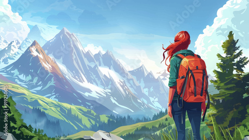 Woman Traveler Enjoys Views Mountains Cartoon Illustration Scenic Landscape Adventure Outdoors Hiking Journey Serene Scenery Natural Beauty Majestic Peaks Vibrant Colors