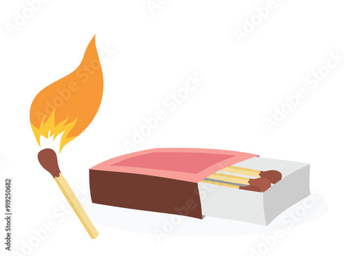 Matchbox and lights a match vector set cute cartoon style.
