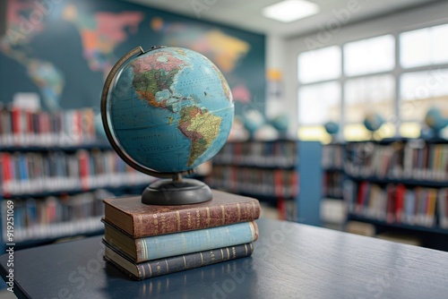 Globe and Books on a Table in a Library.