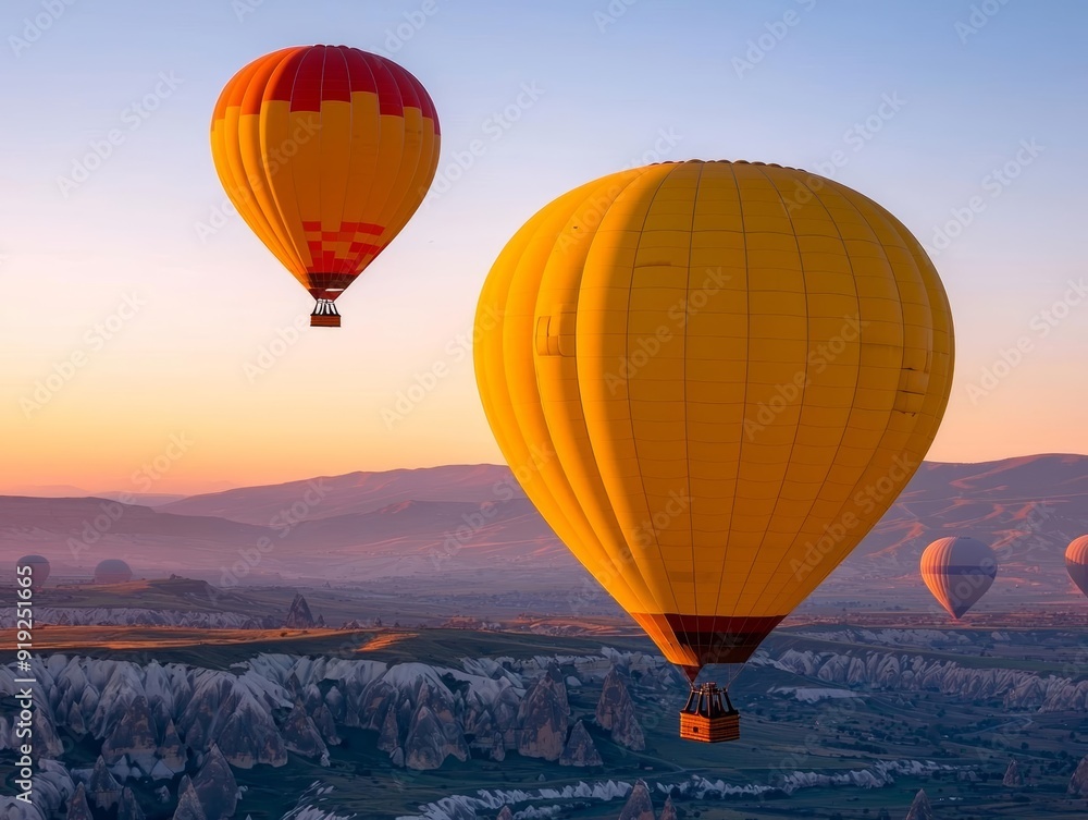 Obraz premium A serene morning scene of hot air balloons rising over the valleys of Cappadocia, Turkey, with the sun just beginning to rise over the horizon