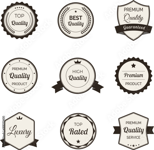 High quality labels vector set. Includes badges, emblems and tags in retro style. Ideal for premium and exclusive designs.