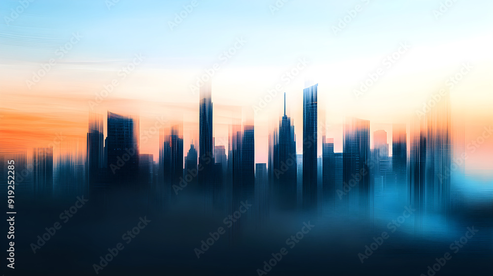 Abstract skyline silhouette creates a misty atmosphere with blurred buildings and soft colors evoking a sense of mystery and tranquility at dusk Abstract skyline silhouette creates a misty atmosphere with blurred buildings and soft colors evoking a sense of mystery and tranquility at dusk