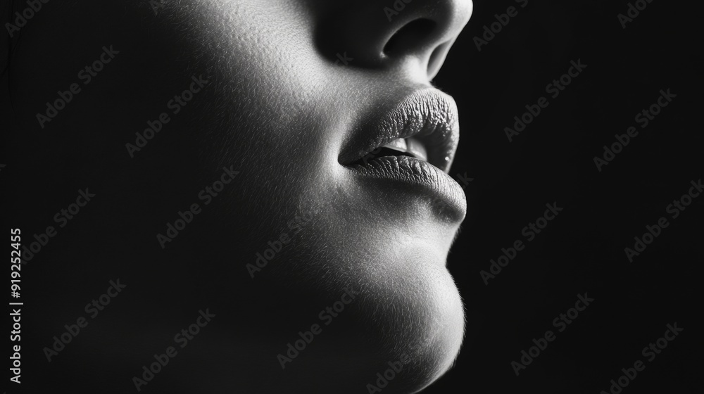 A woman's face is shown in black and white, with her lips A woman's face is shown in black and white, with her lips