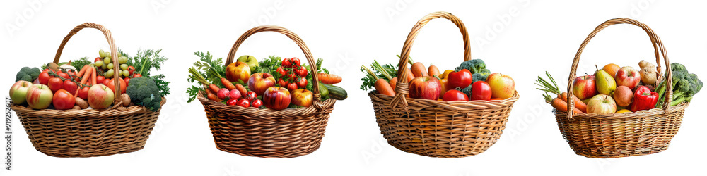 A market basket filled with fresh produce, isolated on a transparent background - The basket includes a variety of fruits and vegetables such as apples, carrots, and tomatoes - Soft, natural lighting A market basket filled with fresh produce, isolated on a transparent background - The basket includes a variety of fruits and vegetables such as apples, carrots, and tomatoes - Soft, natural lighting
