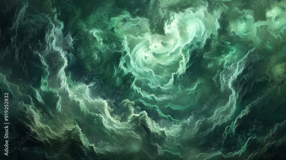 Swirling green clouds illuminated by ethereal light during a turbulent celestial event Swirling green clouds illuminated by ethereal light during a turbulent celestial event