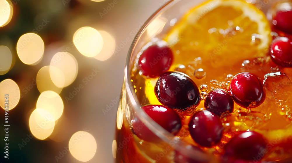A vibrant close-up of a spiced rum punch garnished with floating cranberries and orange slices, creating a festive and refreshing drink A vibrant close-up of a spiced rum punch garnished with floating cranberries and orange slices, creating a festive and refreshing drink