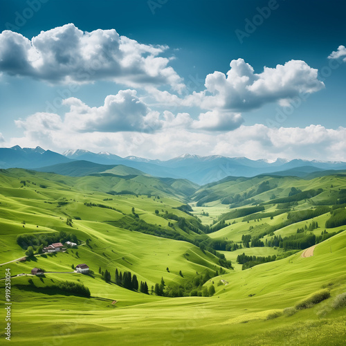 landscape in the mountains landscape with green grass and blue sky landscape with green hills and blue sky 