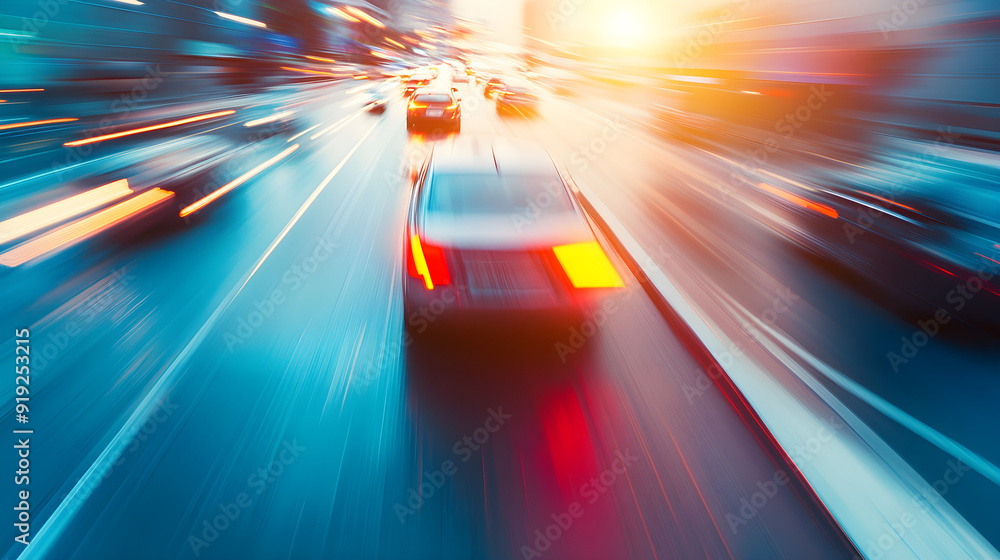 High-speed urban traffic shows dynamic motion blur with streaks of light and vibrant colors creating an energetic city atmosphere High-speed urban traffic shows dynamic motion blur with streaks of light and vibrant colors creating an energetic city atmosphere