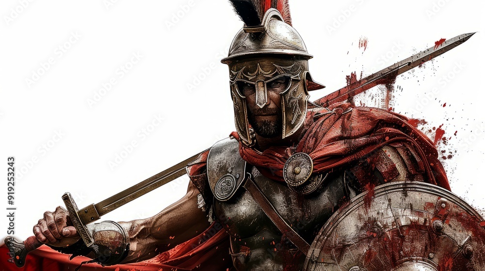 Naklejka premium Roman warrior in armor with shield and spear preparing for battle indoors