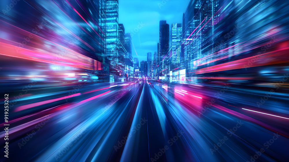 Futuristic cityscape features vibrant neon lights and blurred motion in a dynamic urban landscape conveying a sense of speed and modernity Futuristic cityscape features vibrant neon lights and blurred motion in a dynamic urban landscape conveying a sense of speed and modernity