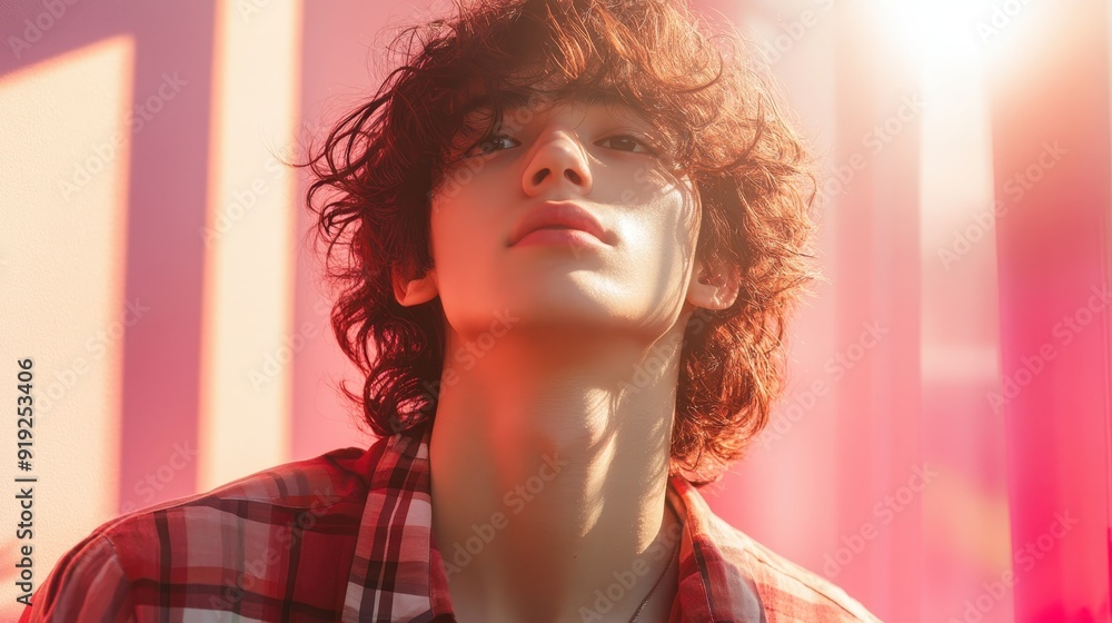 A young man poses confidently in soft light, showcasing his stylish curly hair and plaid shirt against a vibrant background. A young man poses confidently in soft light, showcasing his stylish curly hair and plaid shirt against a vibrant background.