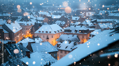 City rooftops blanketed in soft snow create a winter wonderland scene, illuminated by warm lights amidst falling snowflakes enhancing the peaceful atmosphere