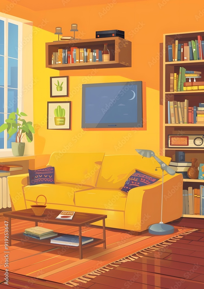 Fototapeta premium Yellow Sofa in Living Room with Bookshelves and TV