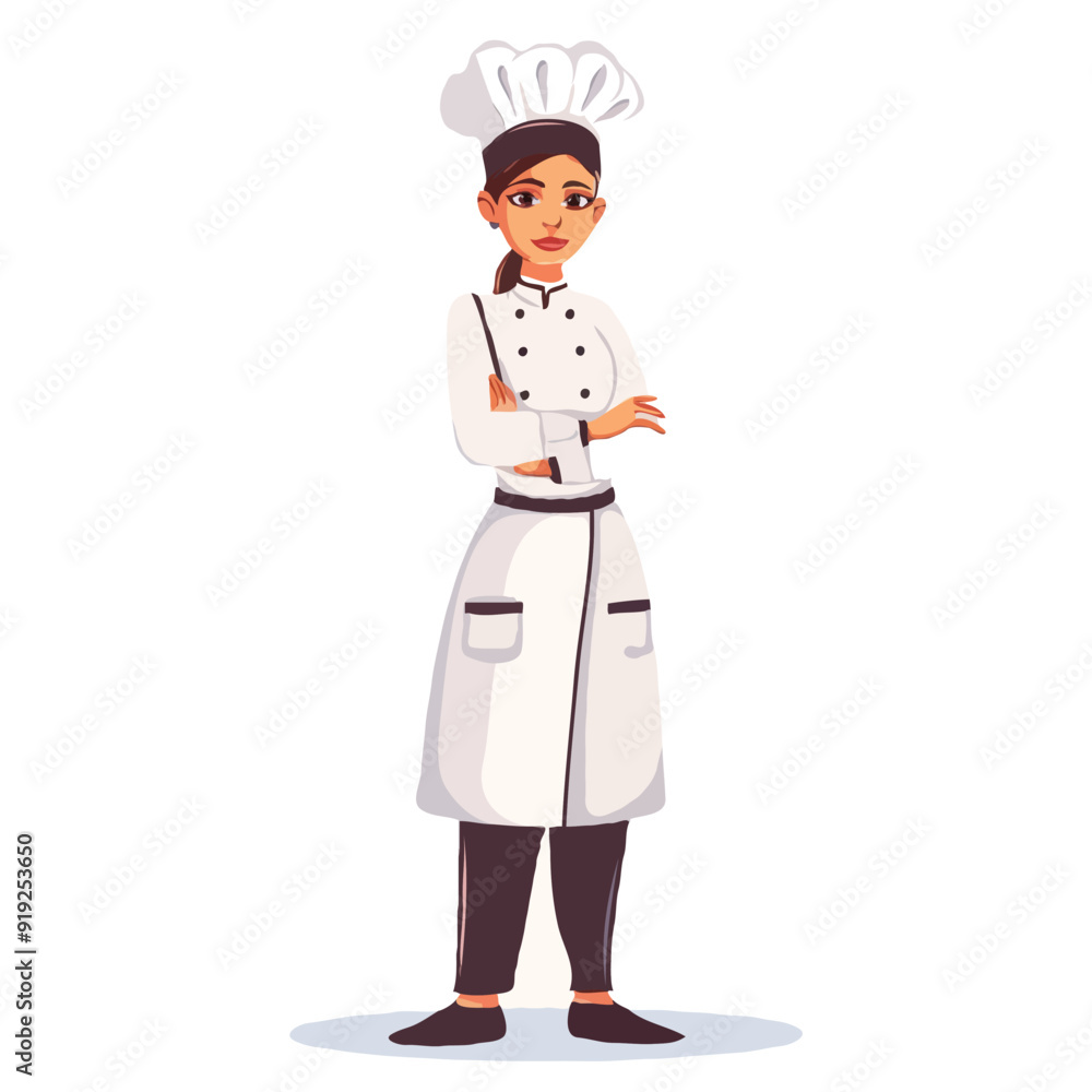A female chef in a simple flat illustrative style with a white background A female chef in a simple flat illustrative style with a white background