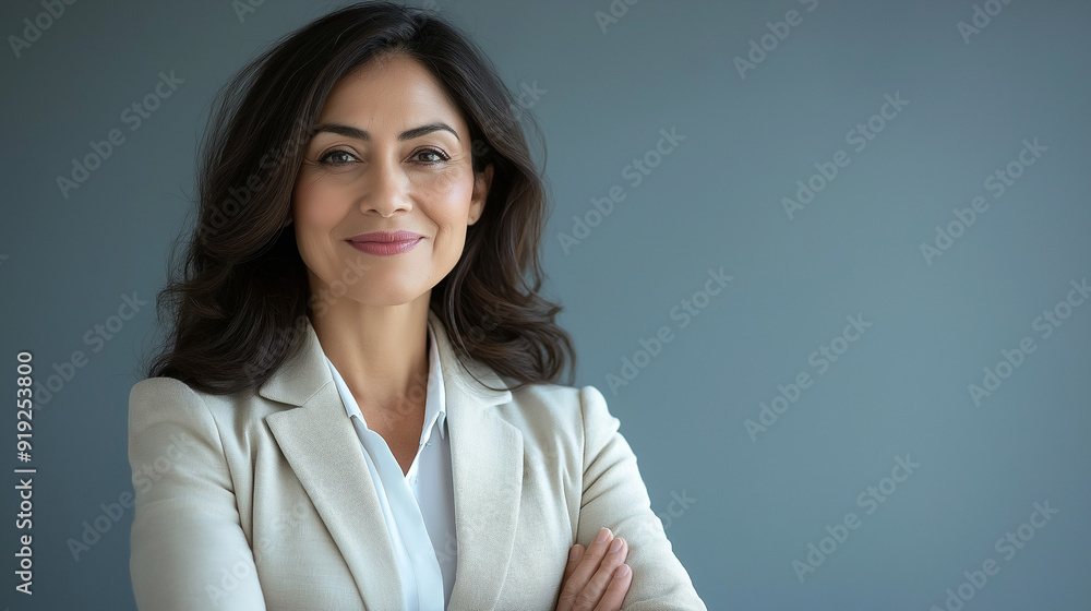 Successful hispanic senior business woman standing confident proudly smiling aside. European Latin 40s years mature good looking middle age leader female businesswoman in office Successful hispanic senior business woman standing confident proudly smiling aside. European Latin 40s years mature good looking middle age leader female businesswoman in office