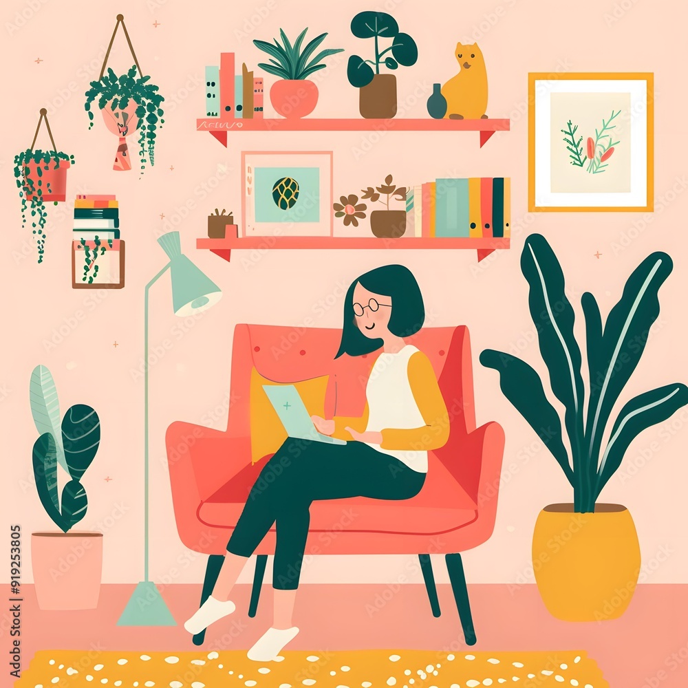 Woman Working from Home with Laptop and Plants Woman Working from Home with Laptop and Plants