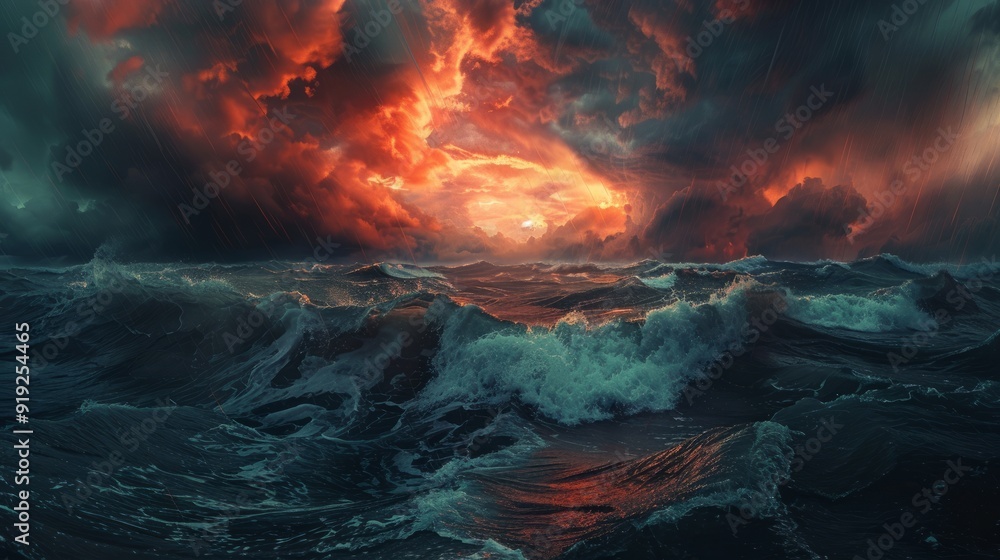 Fototapeta premium Dramatic sunset over turbulent ocean waves during a stormy evening