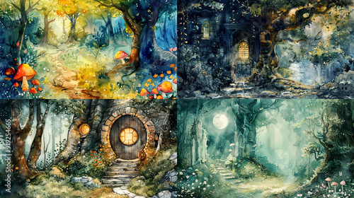 Watercolor whimsical texture on fairytale scenes, magical forests, and whimsically detailed environments  photo