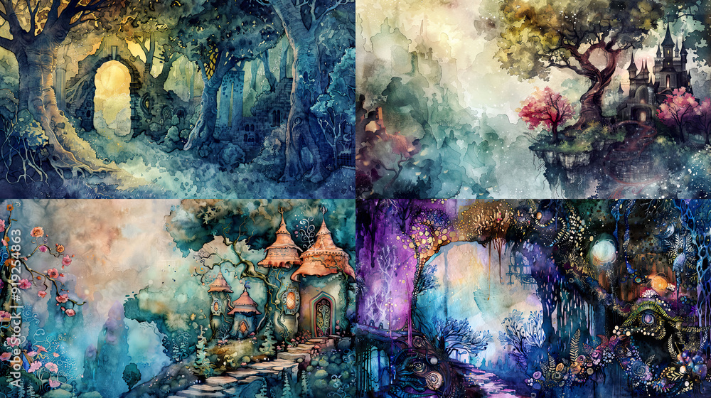 Watercolor whimsical texture on fantasy kingdoms and magical realms, enchanted settings, and intricate details Watercolor whimsical texture on fantasy kingdoms and magical realms, enchanted settings, and intricate details