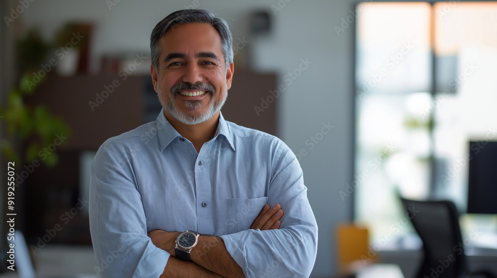 Handsome smiling confident hispanic senior man with crossed arms looking aside. Indian or latin successful mature middle age leader male businessman, business investor in office. Banner, copy space Handsome smiling confident hispanic senior man with crossed arms looking aside. Indian or latin successful mature middle age leader male businessman, business investor in office. Banner, copy space