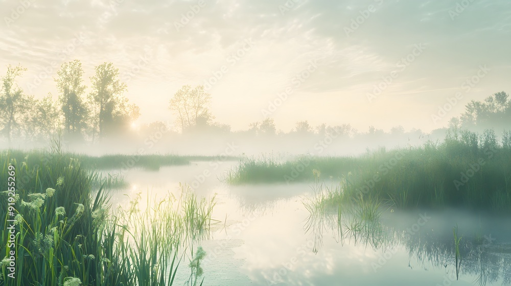 Fototapeta premium Early morning mist over a pure wetland, soft sunlight enhancing the natural purity