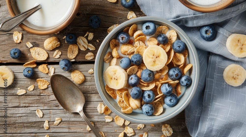 Fresh sliced banana fruit with milk ceareal in bowl on wooden table closeup view Fresh sliced banana fruit with milk ceareal in bowl on wooden table closeup view