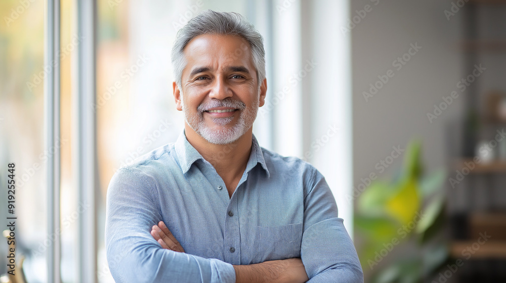 Obraz premium Handsome smiling confident hispanic senior man with crossed arms looking aside. Indian or latin successful mature middle age leader male businessman, business investor in office. Banner, copy space