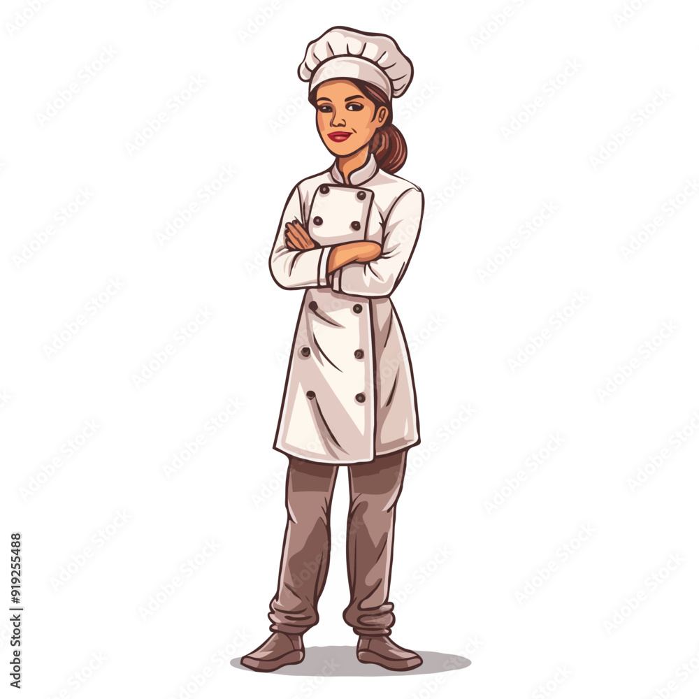 A female chef in a simple flat illustrative style with a white background A female chef in a simple flat illustrative style with a white background