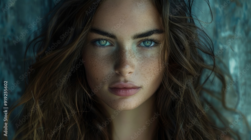 Young woman with striking green eyes and tousled hair posing against a textured background Young woman with striking green eyes and tousled hair posing against a textured background