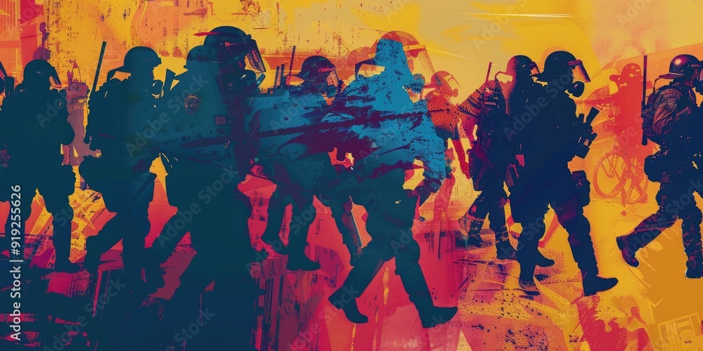 Obraz premium Silhouettes of police officers in riot gear.
